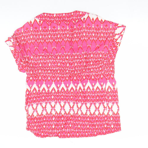 Jaeger Women's Pink Geometric Linen V-Neck Short Sleeve Tunic Blouse Size 8