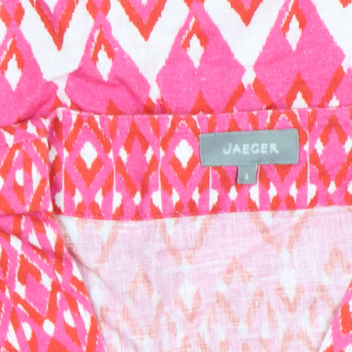 Jaeger Women's Pink Geometric Linen V-Neck Short Sleeve Tunic Blouse Size 8
