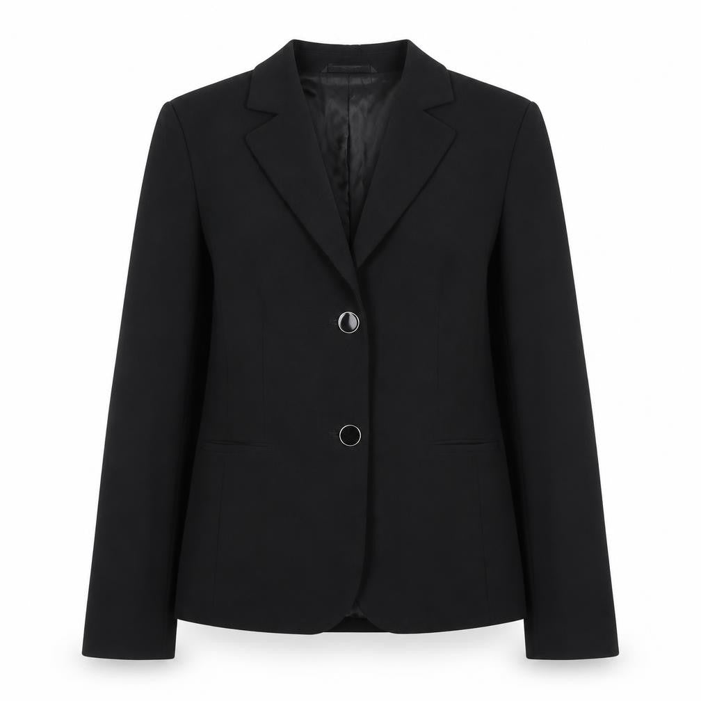 Front view of Olsen women’s black wool blend single-breasted blazer, size UK 12