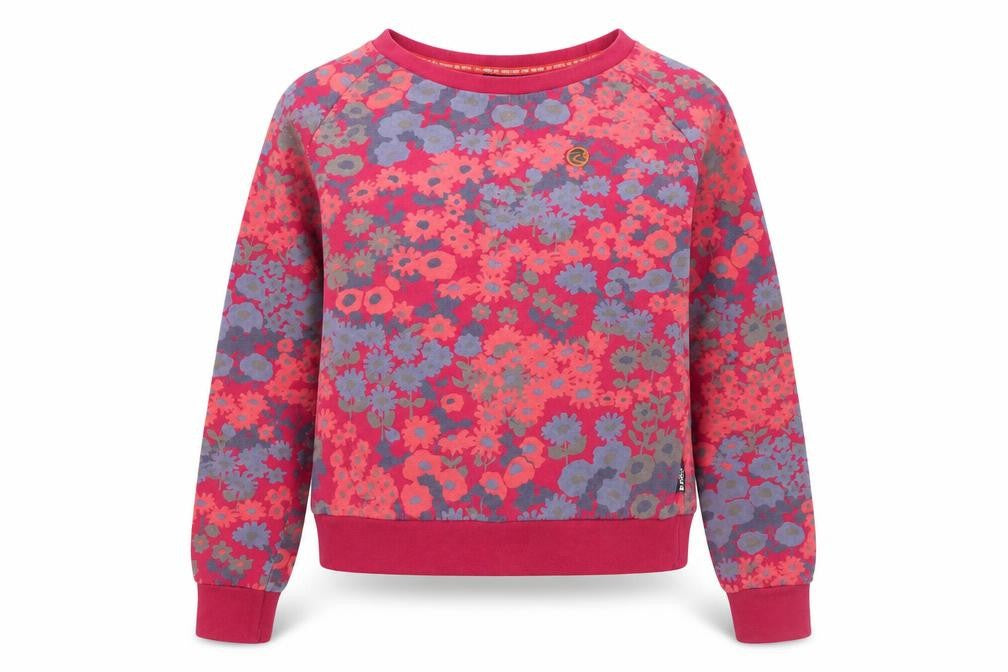 Front view of Maloja women’s red floral pullover sweatshirt, size M, cotton blend