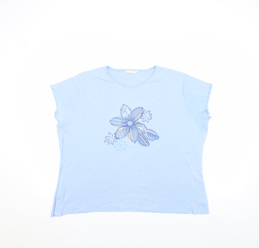Marks and Spencer Womens Blue Floral Embroidered T-Shirt Size 22