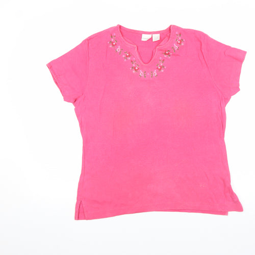 Cherokee Women Pink Embroidered Cotton Short Sleeve T-Shirt XL