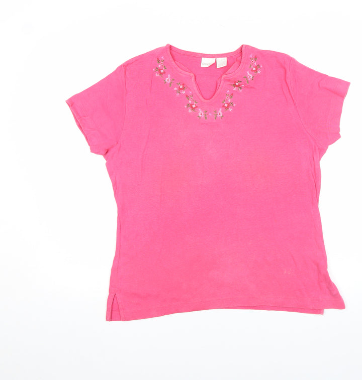 Cherokee Women Pink Embroidered Cotton Short Sleeve T-Shirt XL