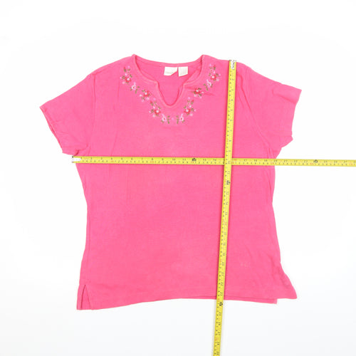 Cherokee Women Pink Embroidered Cotton Short Sleeve T-Shirt XL