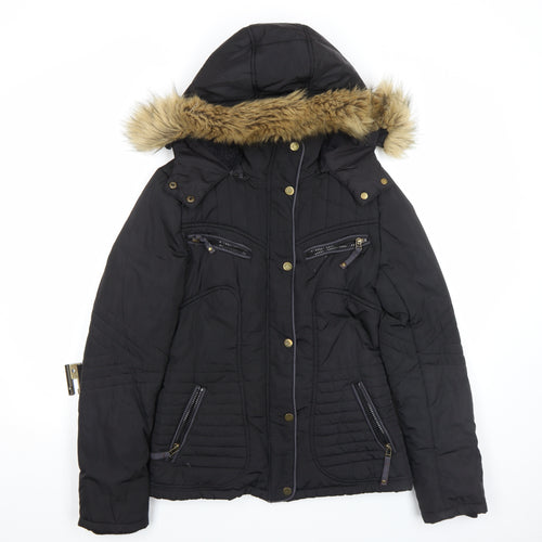 Jump & Fish Women's Black Fur Trim Hooded Puffer Jacket Size S