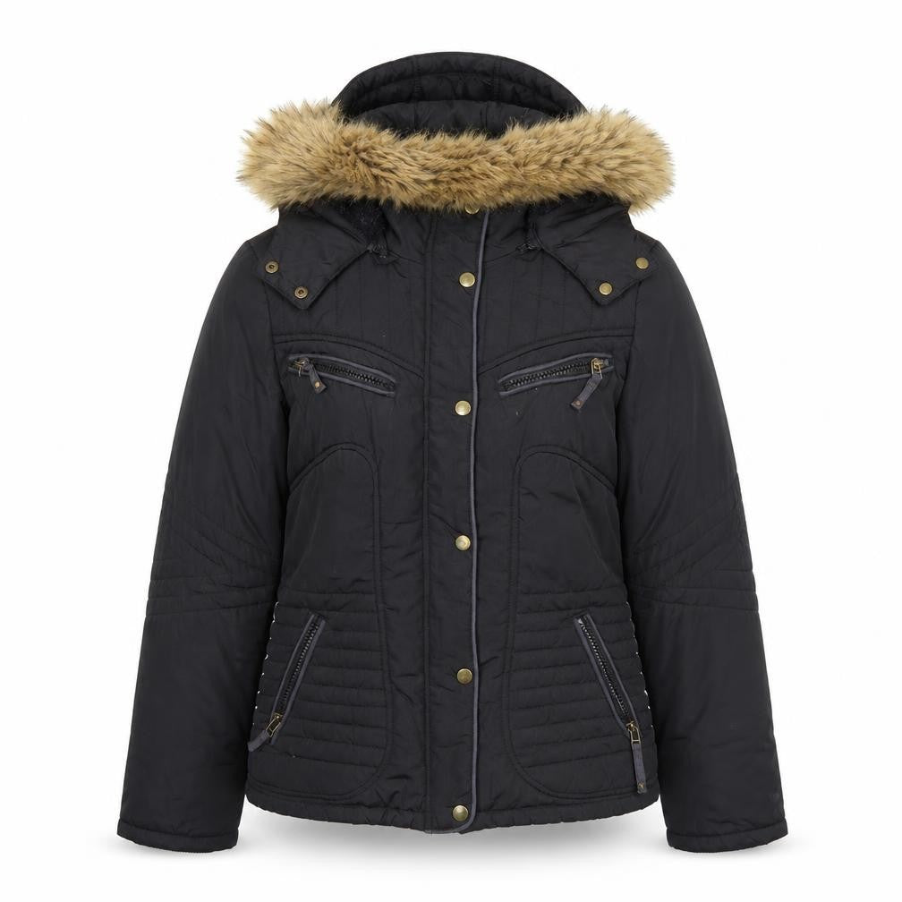Front view of Jump & Fish Women's Black Fur Trim Hooded Puffer Jacket, size S