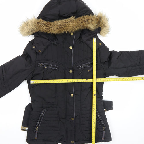 Jump & Fish Women's Black Fur Trim Hooded Puffer Jacket Size S