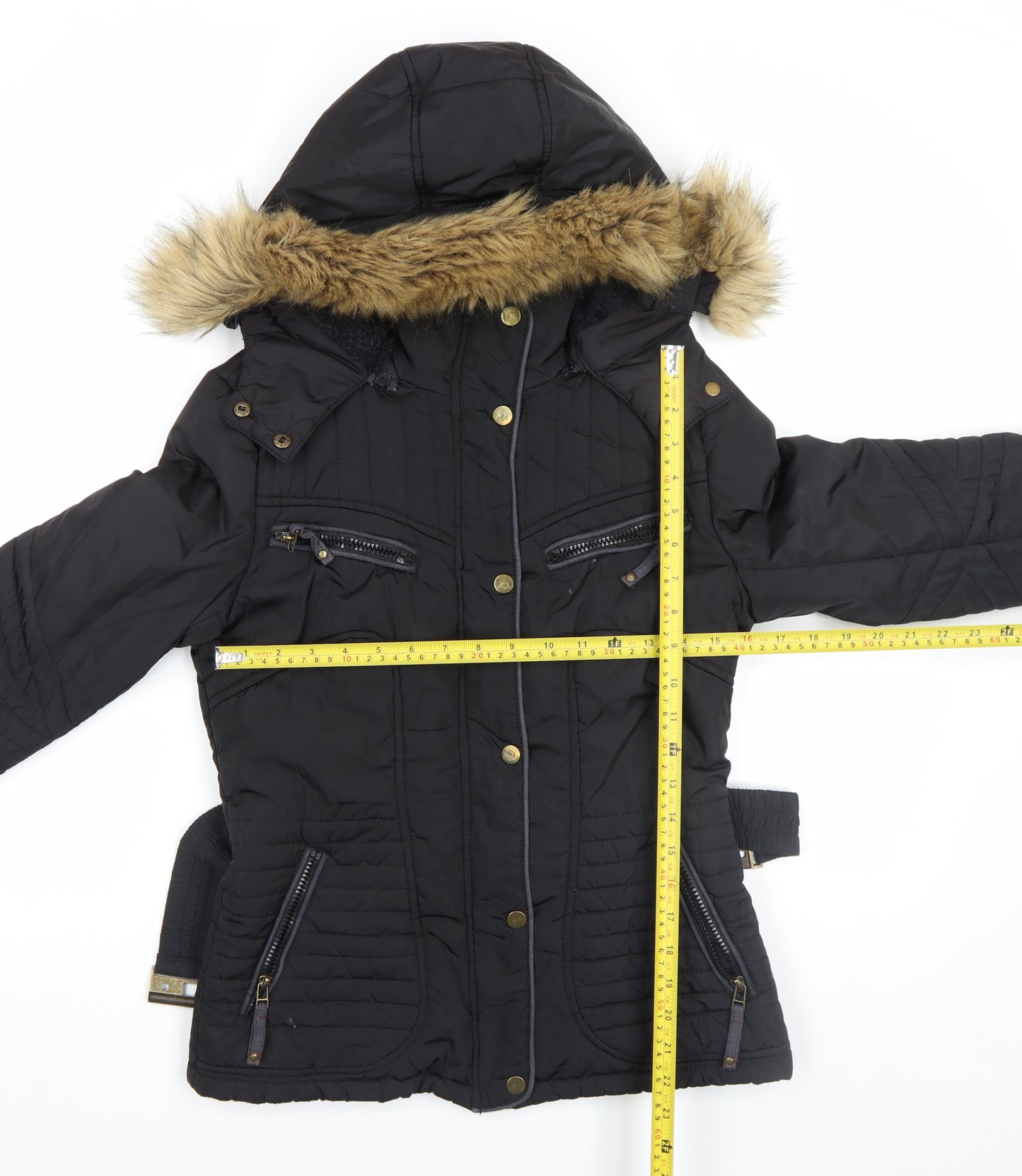 Jump & Fish Women's Black Fur Trim Hooded Puffer Jacket Size S
