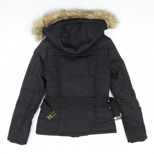 Jump & Fish Women's Black Fur Trim Hooded Puffer Jacket Size S