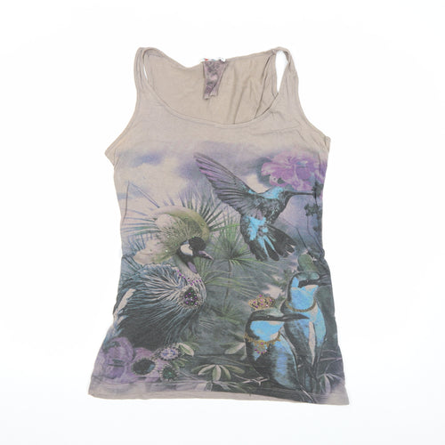 Denim Co Womens Beige Animal Print Beaded Tank Top Size 10