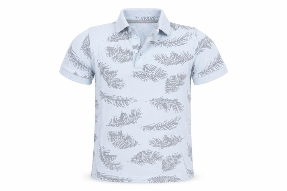 Front view of Next boys’ blue feather print cotton polo shirt 10 years