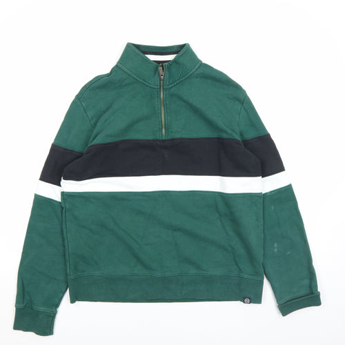 Marks and Spencer Men's Green Striped 1/2 Zip Sweatshirt M
