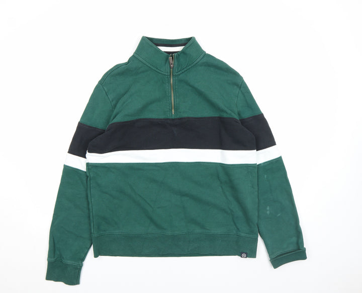 Marks and Spencer Men's Green Striped 1/2 Zip Sweatshirt M