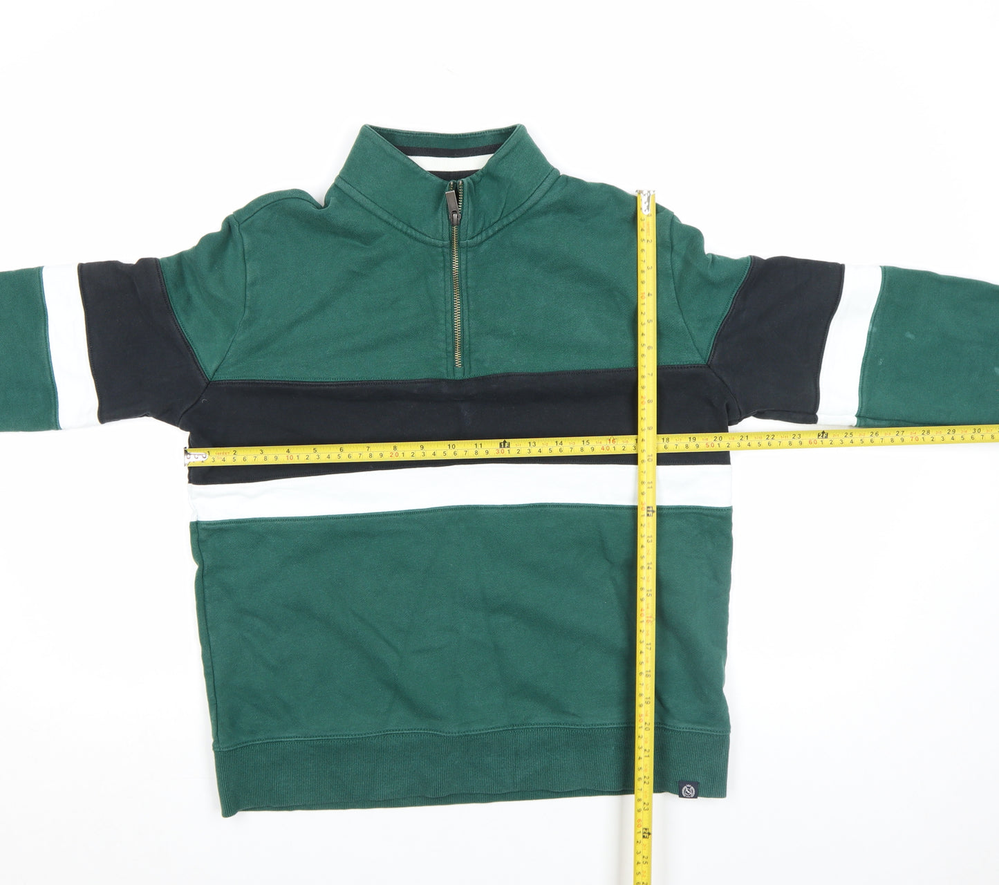 Marks and Spencer Men's Green Striped 1/2 Zip Sweatshirt M