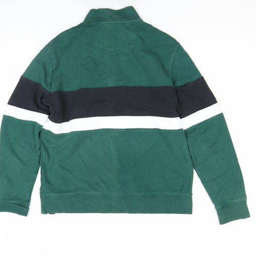 Marks and Spencer Men's Green Striped 1/2 Zip Sweatshirt M