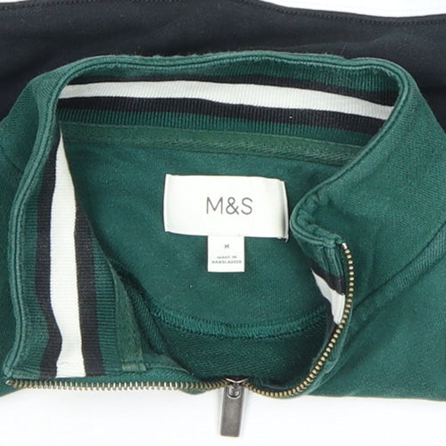 Marks and Spencer Men's Green Striped 1/2 Zip Sweatshirt M
