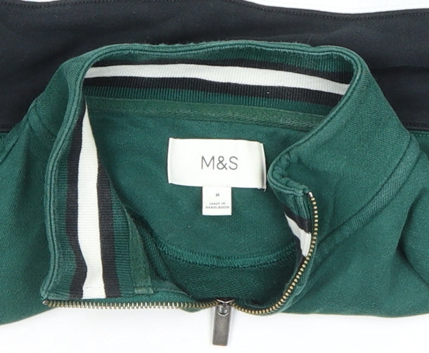 Marks and Spencer Men's Green Striped 1/2 Zip Sweatshirt M