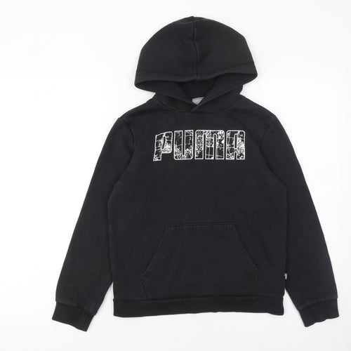 Puma Boys Black Graphic Logo Pullover Hoodie 11-12 Years Fleece Cotton