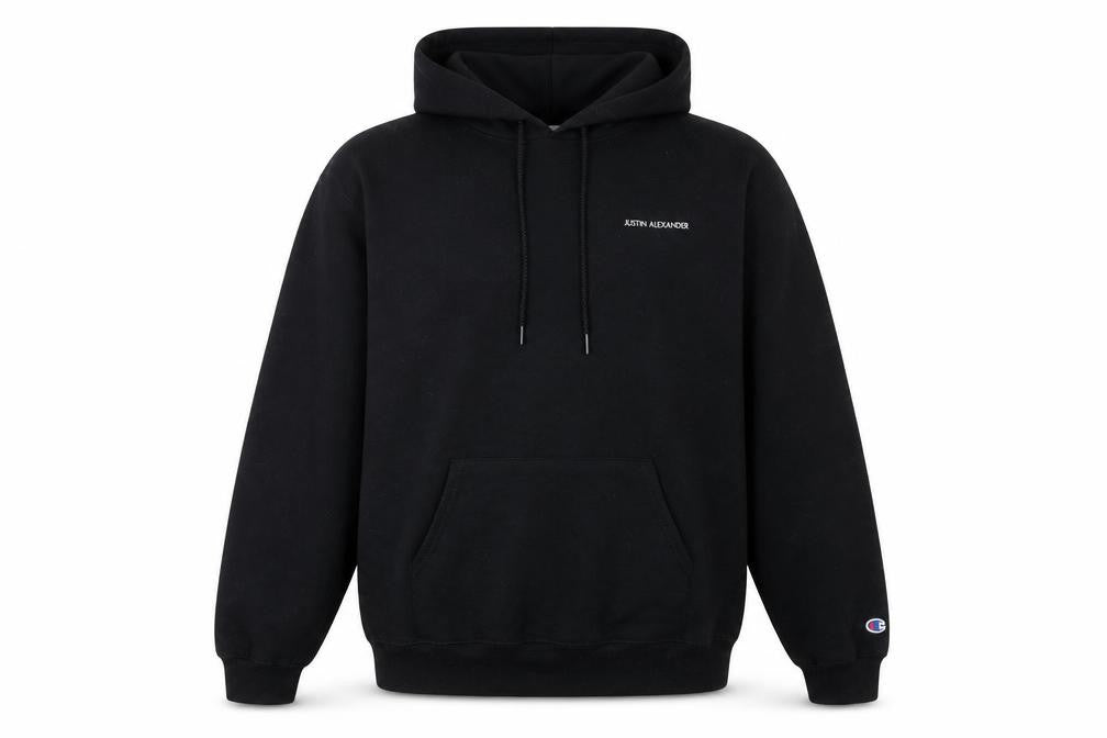 Front view of Champion Men's Black Pullover Hoodie, size L, Fleece Sweatshirt