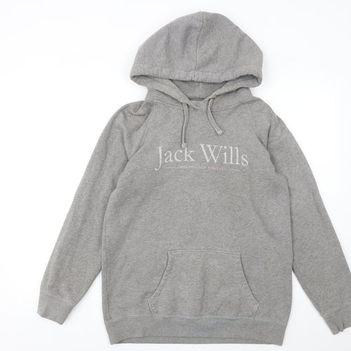 Jack Wills Womens Grey Pullover Hoodie UK 10 with Logo and Kangaroo Pocket