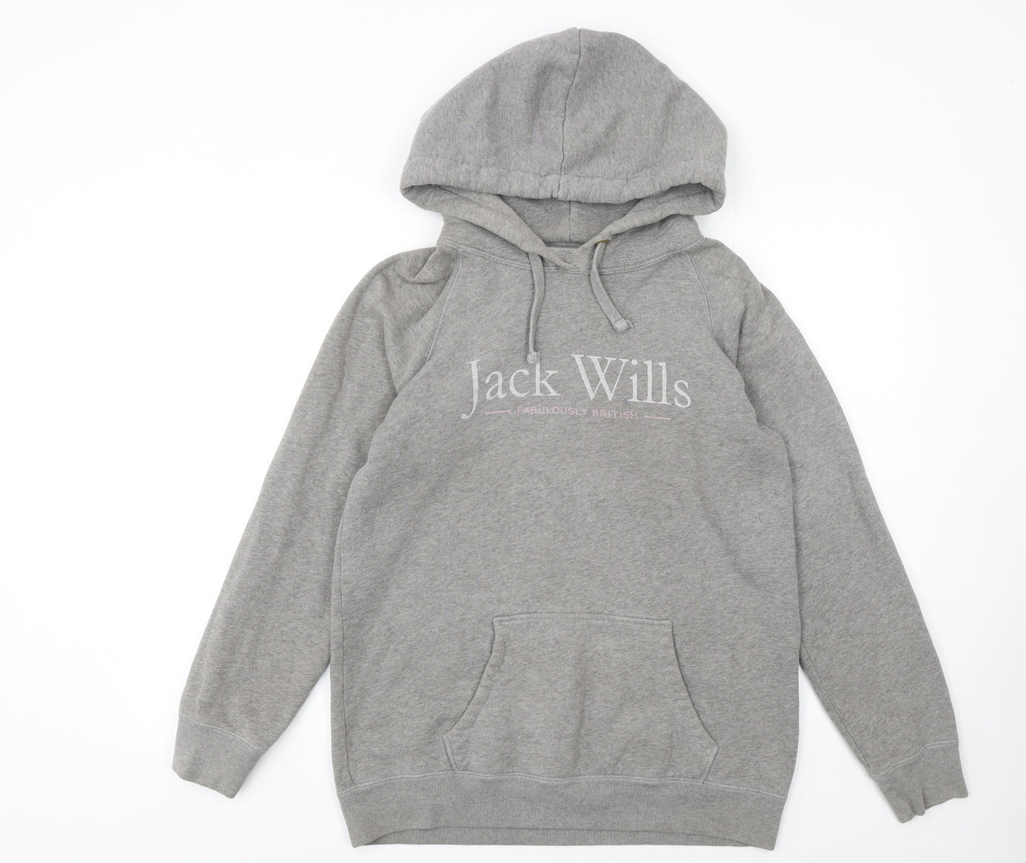 Jack Wills Womens Grey Pullover Hoodie UK 10 with Logo and Kangaroo Pocket