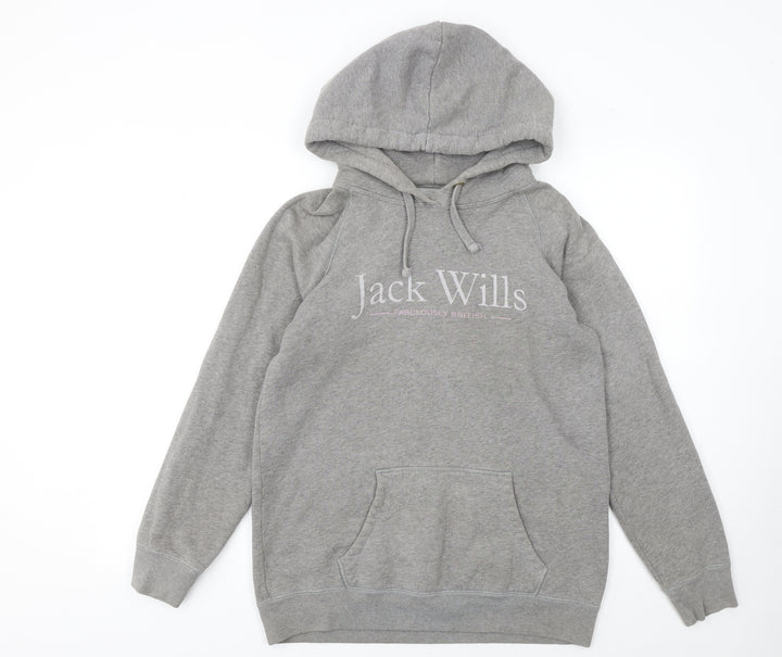 Jack Wills Womens Grey Pullover Hoodie UK 10 with Logo and Kangaroo Pocket