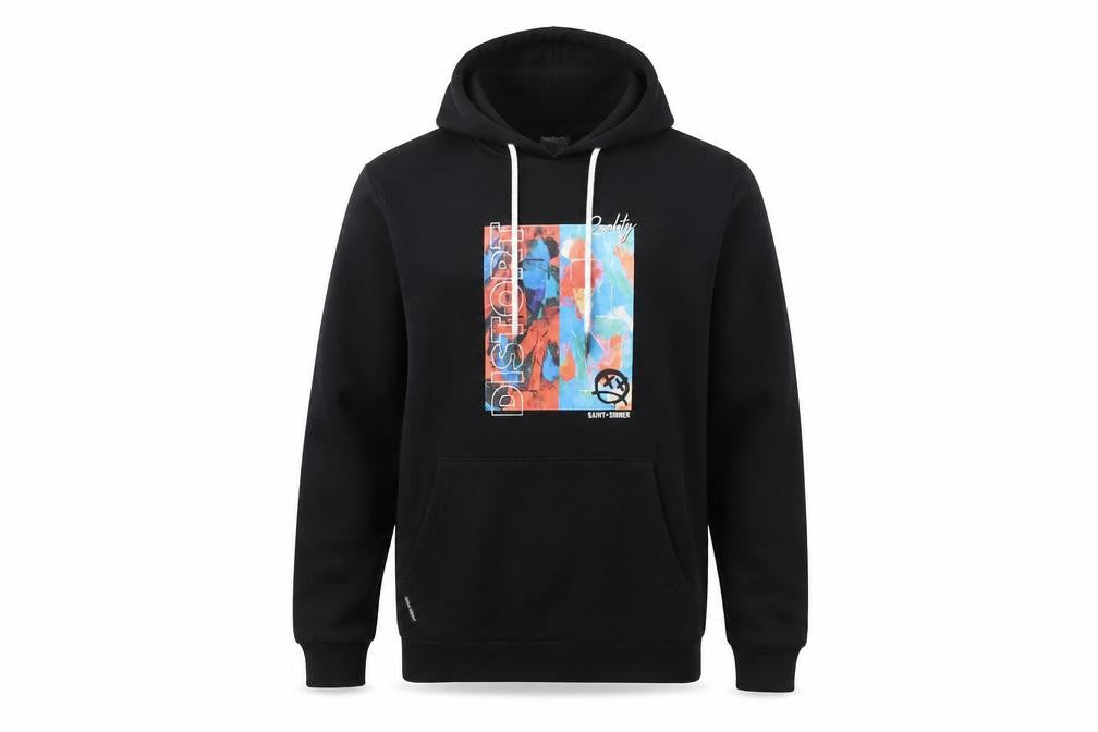 Front view of Saint + Sinner Men's Black Pullover Hoodie, size S, Graphic Print