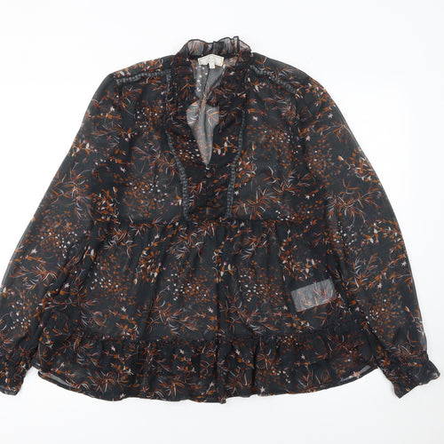 Cream Women's Black Floral Ruffle Long Sleeve Blouse UK 10 Polyester