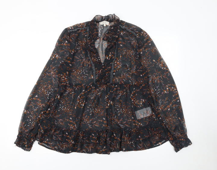 Cream Women's Black Floral Ruffle Long Sleeve Blouse UK 10 Polyester