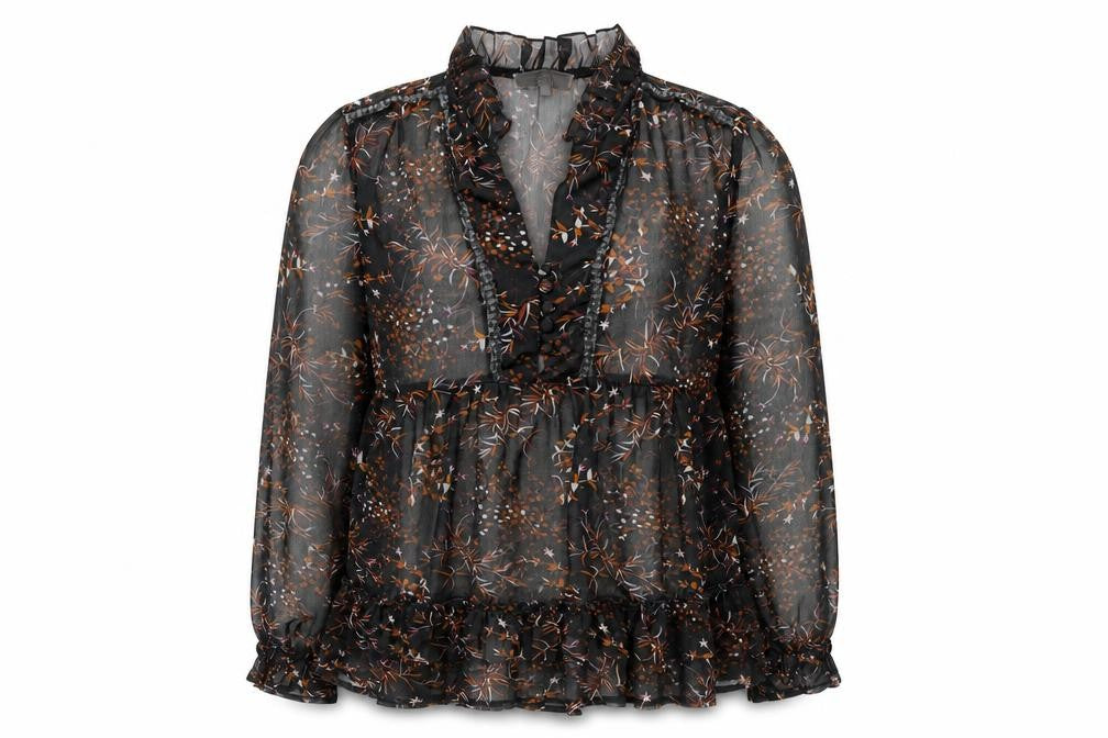 Front view of Cream Women's Black Floral Ruffle Long Sleeve Blouse UK 10 Polyester