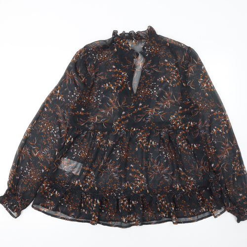 Cream Women's Black Floral Ruffle Long Sleeve Blouse UK 10 Polyester
