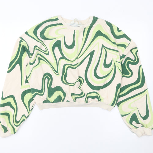 H&M Girls Beige Green Swirl Print Pullover Sweatshirt 14 Years