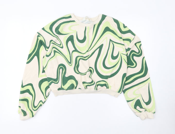 H&M Girls Beige Green Swirl Print Pullover Sweatshirt 14 Years