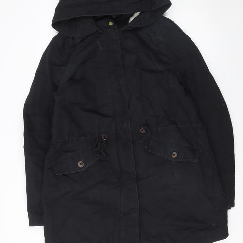 H&M Divided Women’s Black Cotton Parka Coat Size 14 Hooded
