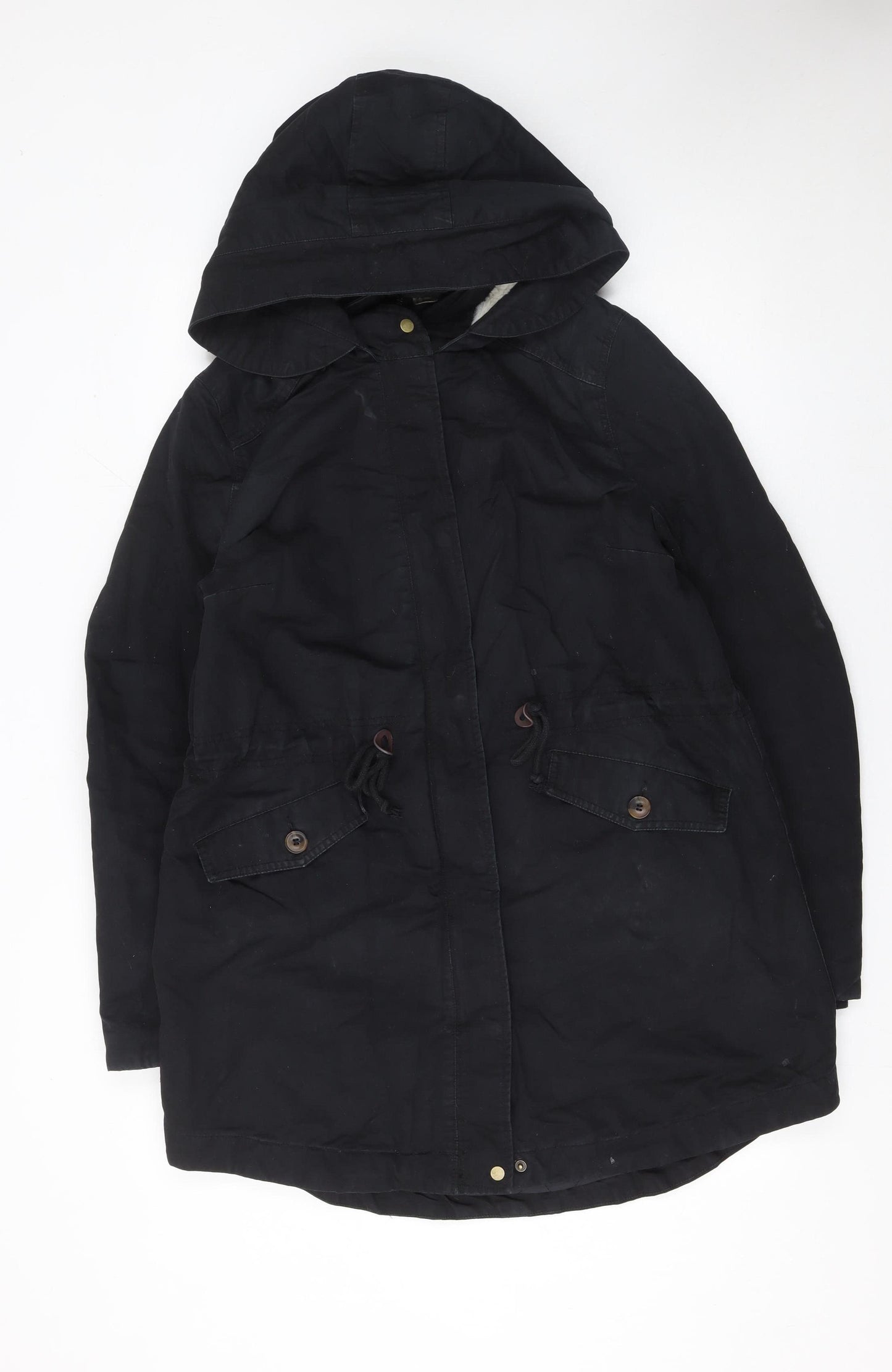 H&M Divided Women’s Black Cotton Parka Coat Size 14 Hooded