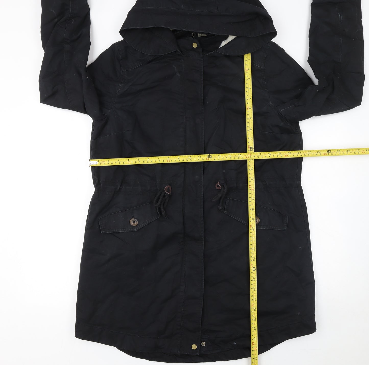 H&M Divided Women’s Black Cotton Parka Coat Size 14 Hooded