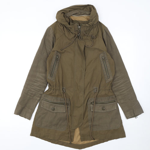 Zara Basic Women’s Green Hooded Parka Jacket XS Long Twill Cotton Blend