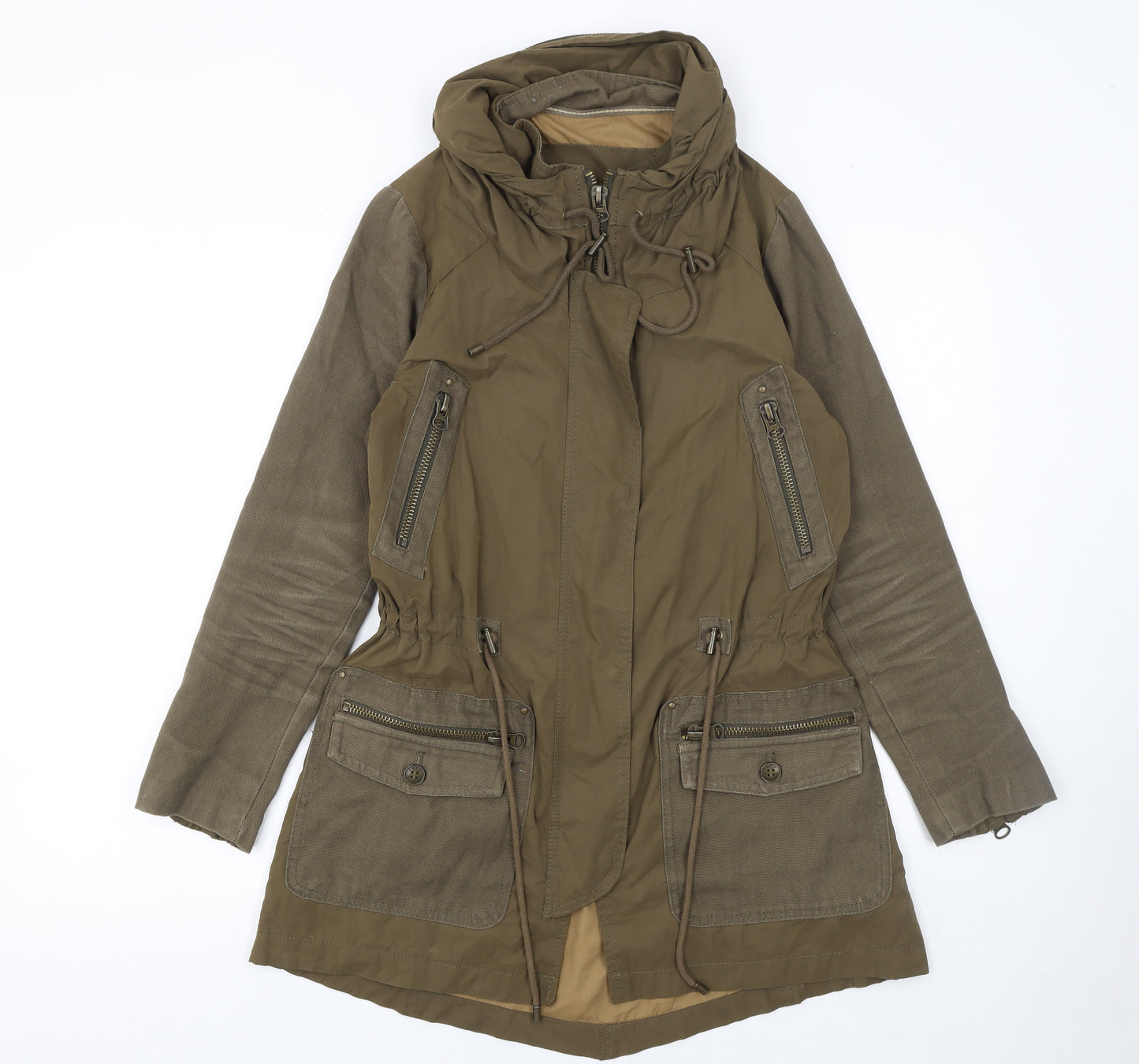 Zara Basic Women’s Green Hooded Parka Jacket XS Long Twill Cotton Blend