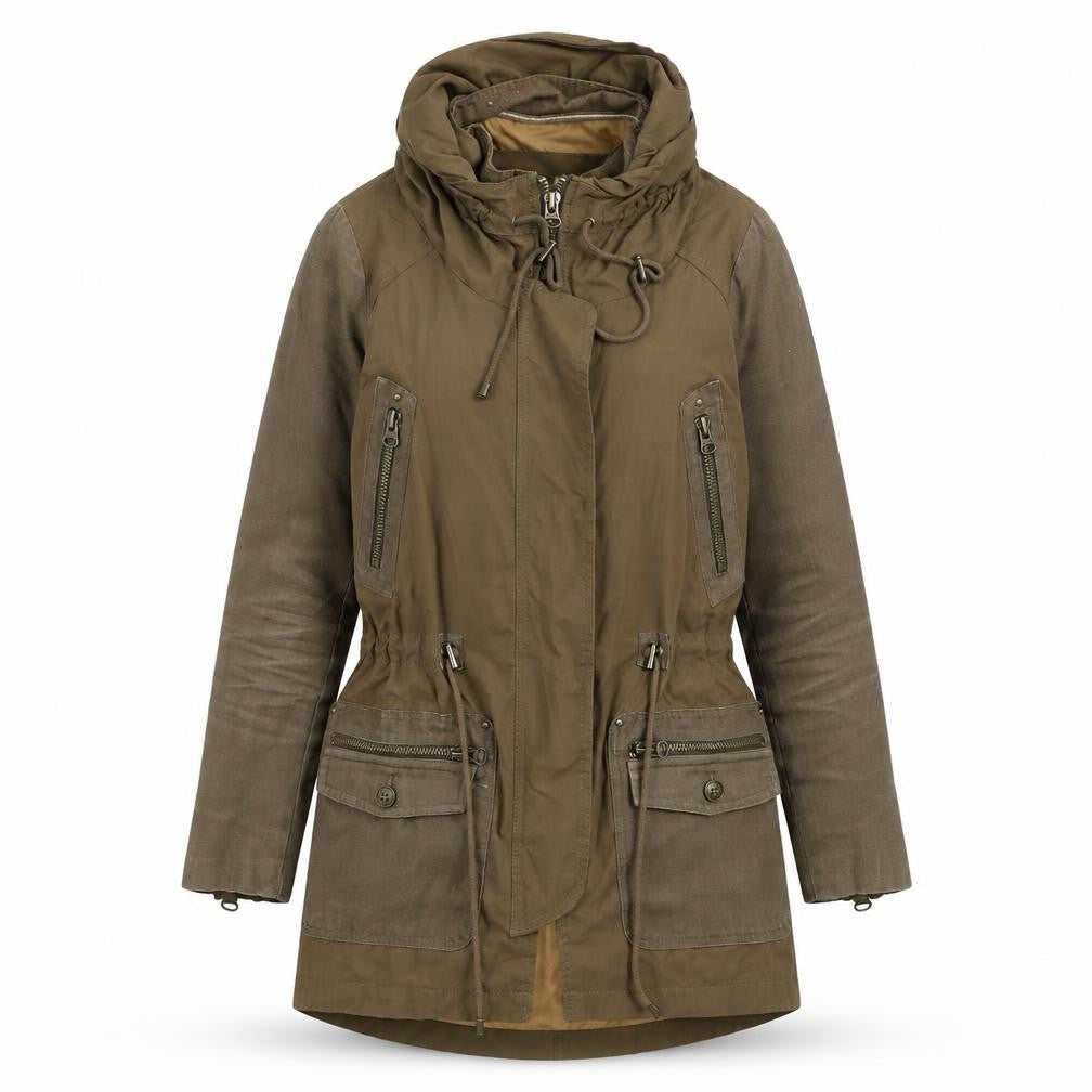 Zara Basic Women’s Green Hooded Parka Jacket XS Long Twill Cotton Blend