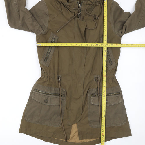 Zara Basic Women’s Green Hooded Parka Jacket XS Long Twill Cotton Blend