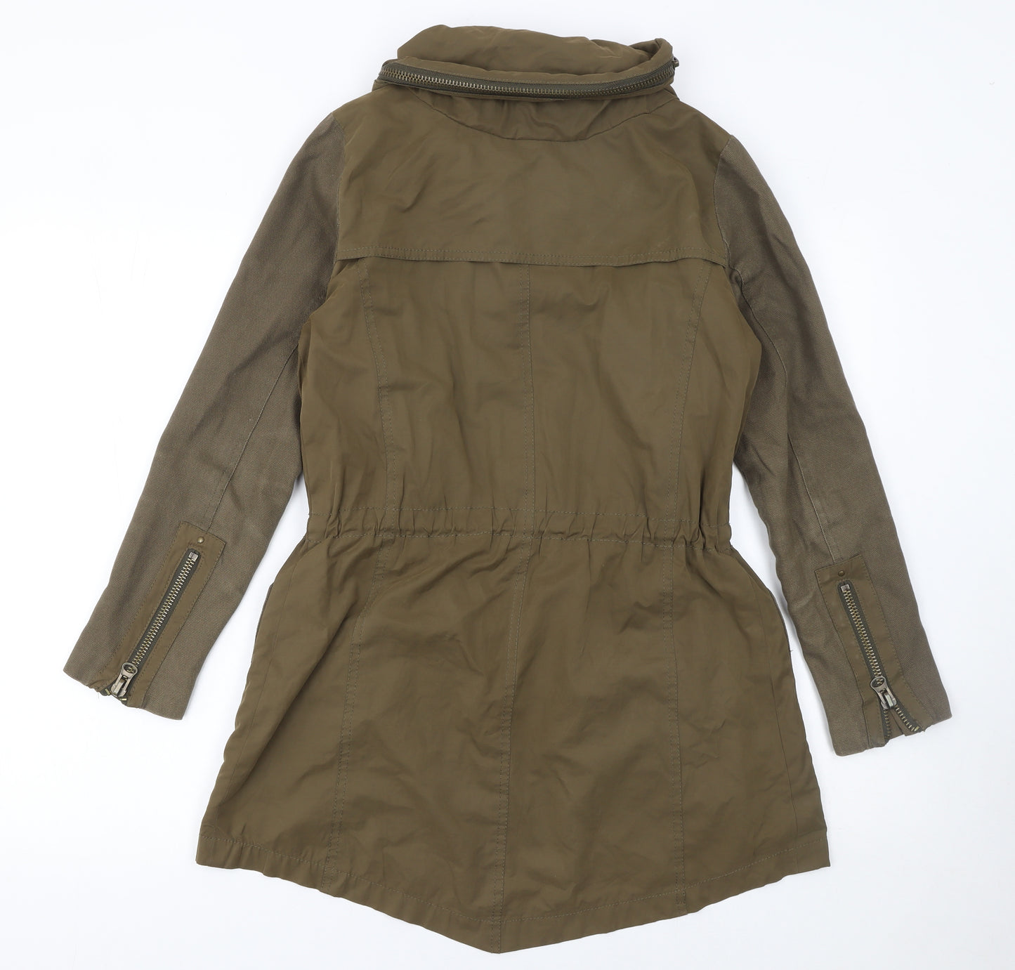 Zara Basic Women’s Green Hooded Parka Jacket XS Long Twill Cotton Blend