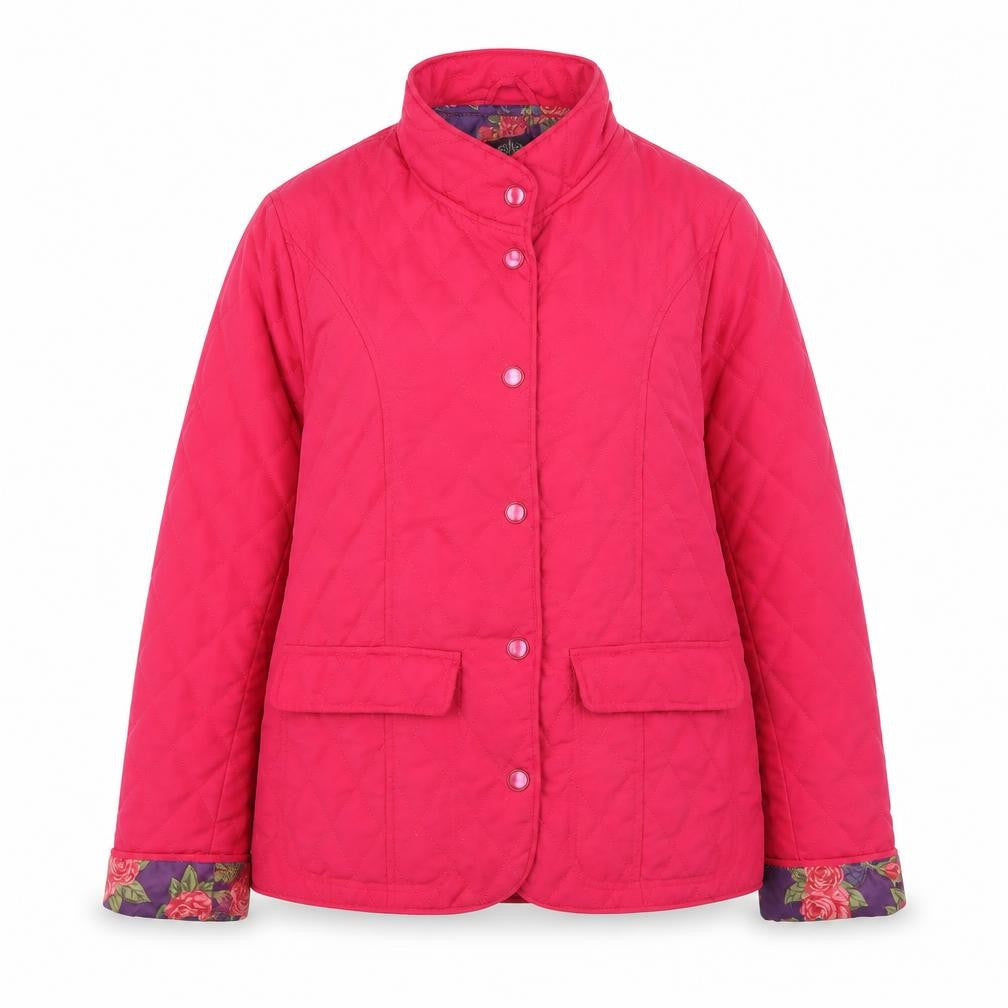 Front view of David Barry women’s pink quilted mid-length jacket, size UK 12