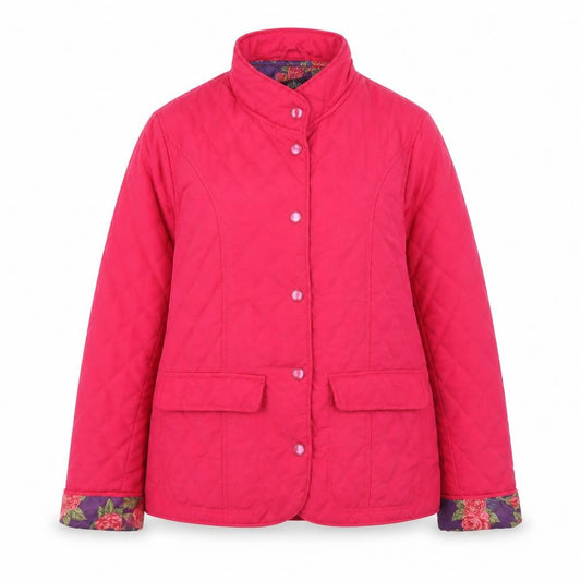 Front view of David Barry women’s pink quilted mid-length jacket, size UK 12