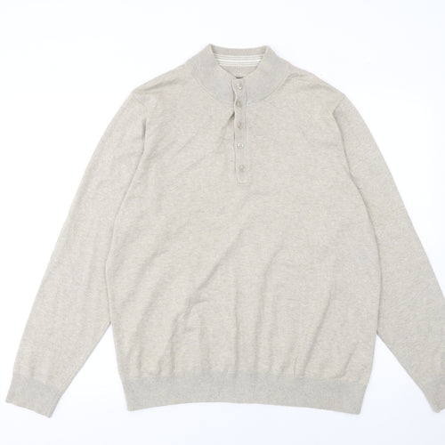 Marks and Spencer Men Beige Medium Henley Mock Neck Cotton Jumper