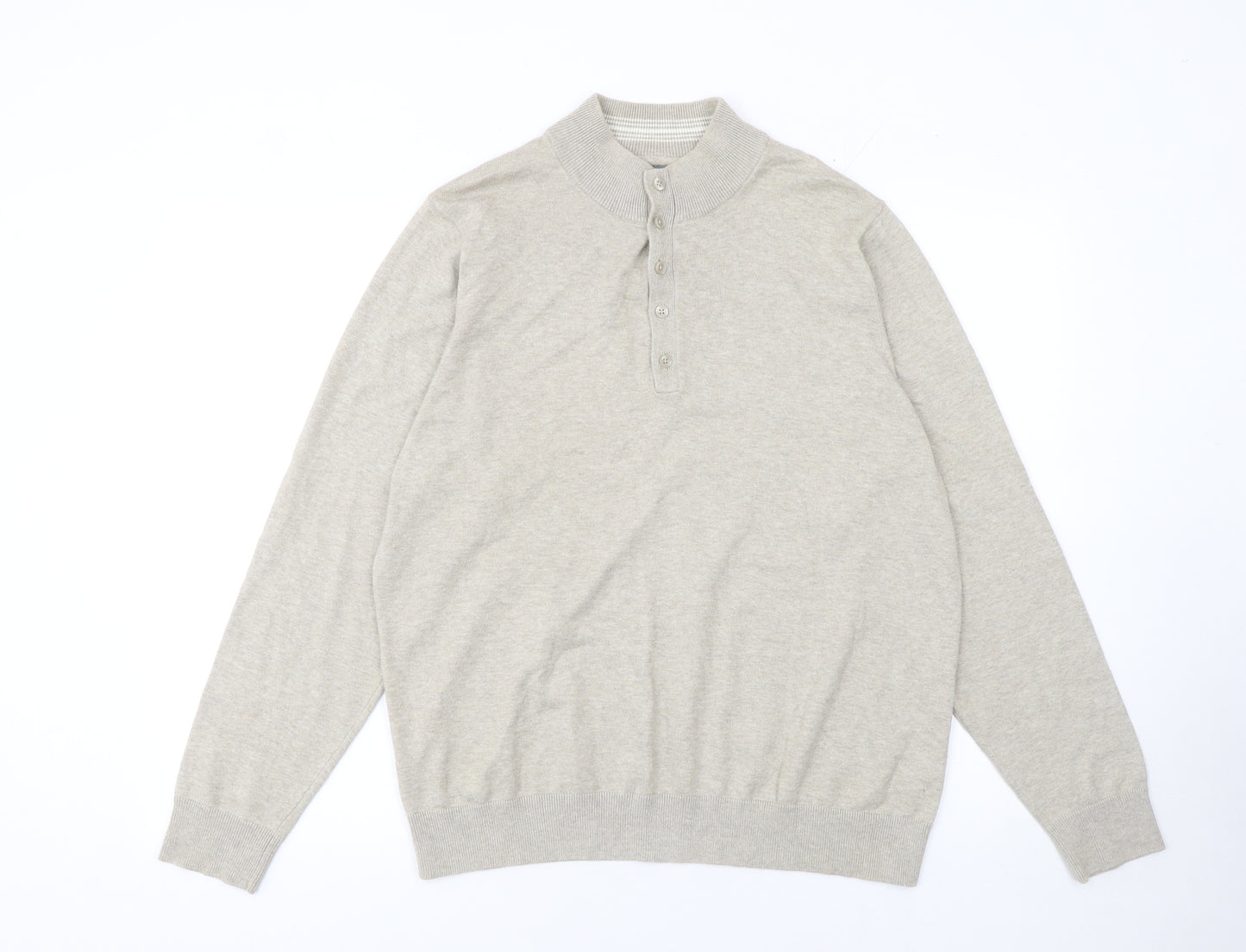 Marks and Spencer Men Beige Medium Henley Mock Neck Cotton Jumper