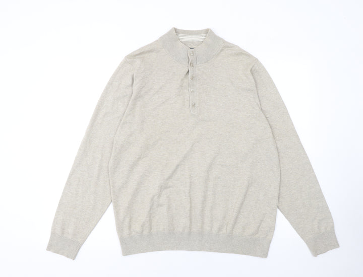 Marks and Spencer Men Beige Medium Henley Mock Neck Cotton Jumper