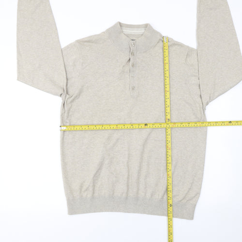 Marks and Spencer Men Beige Medium Henley Mock Neck Cotton Jumper