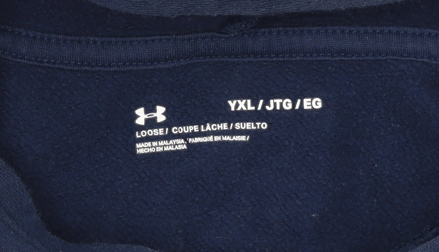 Under Armour Boys Navy Pullover Hoodie YXL 158-170cm Cotton Blend Fleece