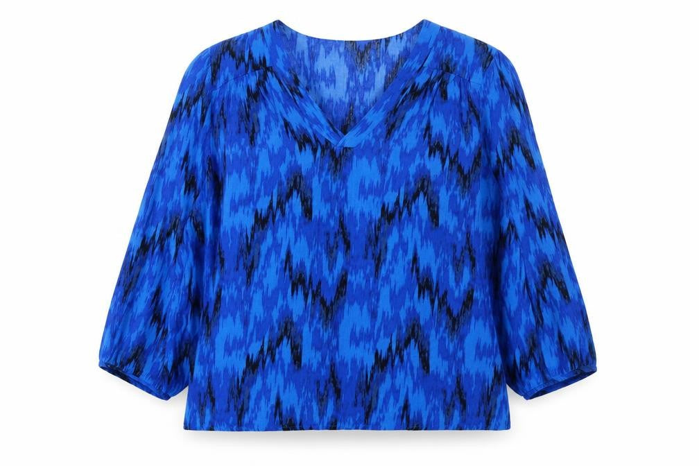Front view of VILA Women Blue Geometric Tunic Blouse, size 10, Viscose