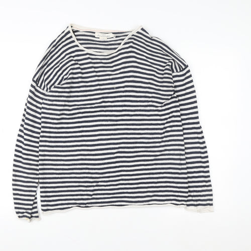 H&M L.O.G.G. Women Blue Striped Cotton Boat Neck Jumper L